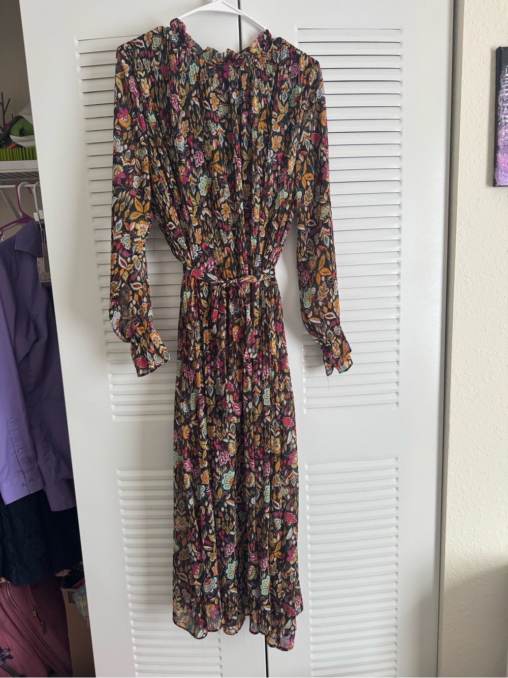 Pink Lily Floral Long Sleeve Midi Dress - Black with Multicolor Floral